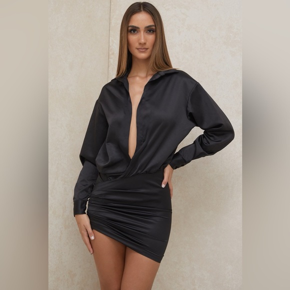 House of CB Maddie Black Satin Long Sleeve Mini Dress - Picture 1 of 13